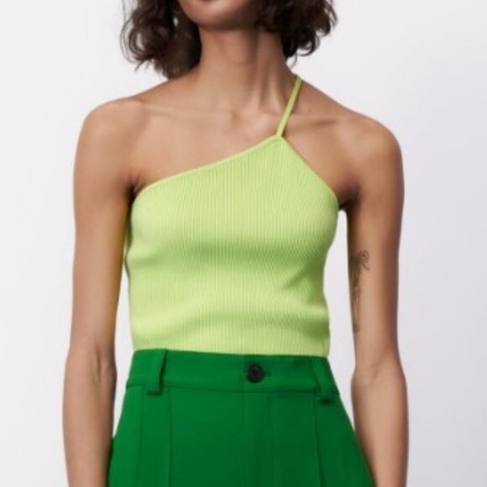 Zara Asymmetric Knit Ribbed Top in Green Size Small